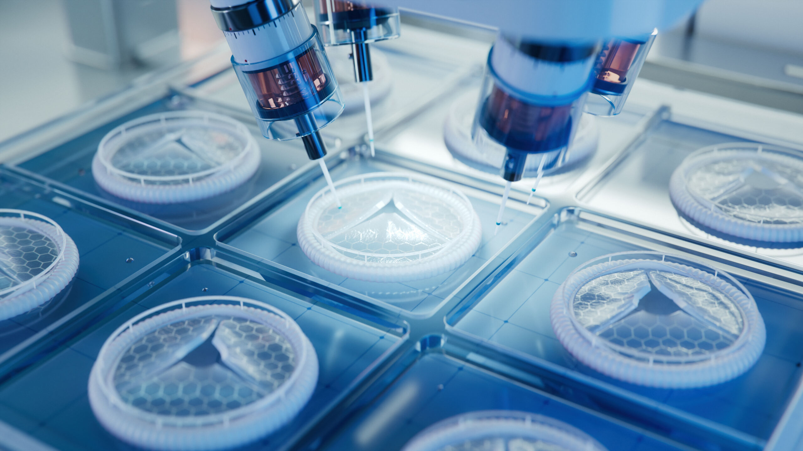 Bioprinting Technology Concept. Advanced Medical Printer Producing Artificial Heart Valves with Biopolymers. Futuristic Laboratory.