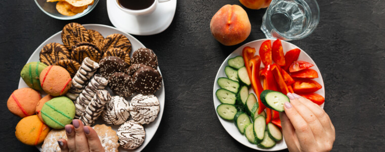 Nutrition choices concept, motivation and healthy lifestyle. Young woman refuse eating junk food.
