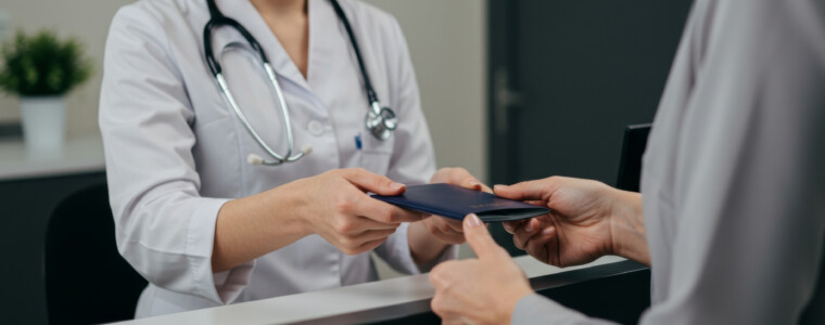 A female doctor in a white uniform transfers a dark blue passport to a patient at a clinic reception desk.