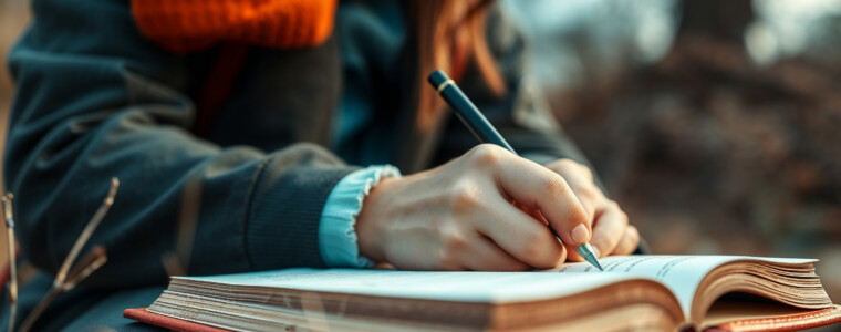 Person journaling outdoors in autumn. Woman sits on ground writing in notebook with pencil. Person journaling outdoors provides relaxing moment in nature.