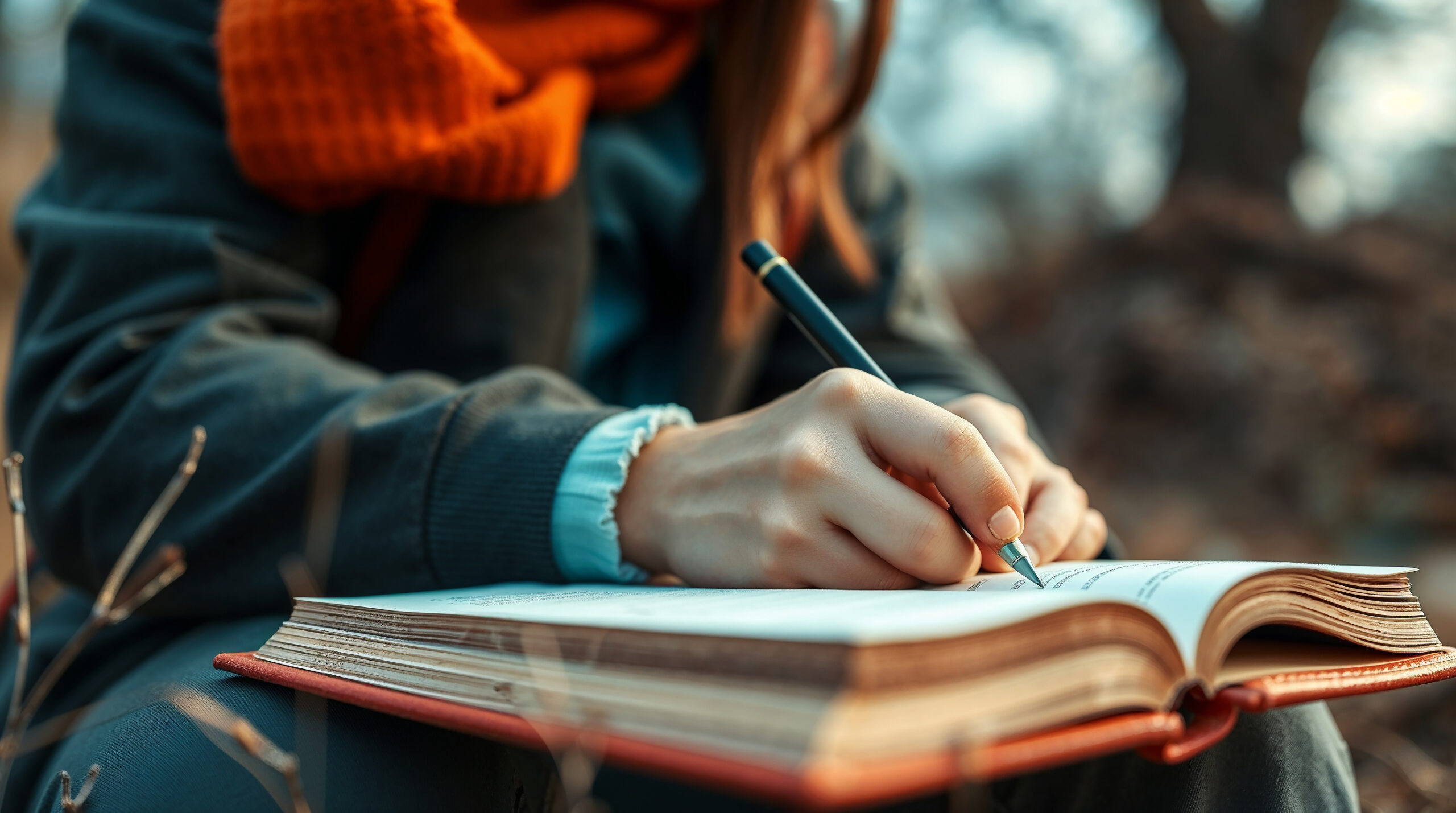 Person journaling outdoors in autumn. Woman sits on ground writing in notebook with pencil. Person journaling outdoors provides relaxing moment in nature.