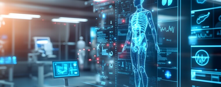 A cutting edge 3D rendered medical consultation room featuring advanced holographic displays of real time patient data and health monitoring systems