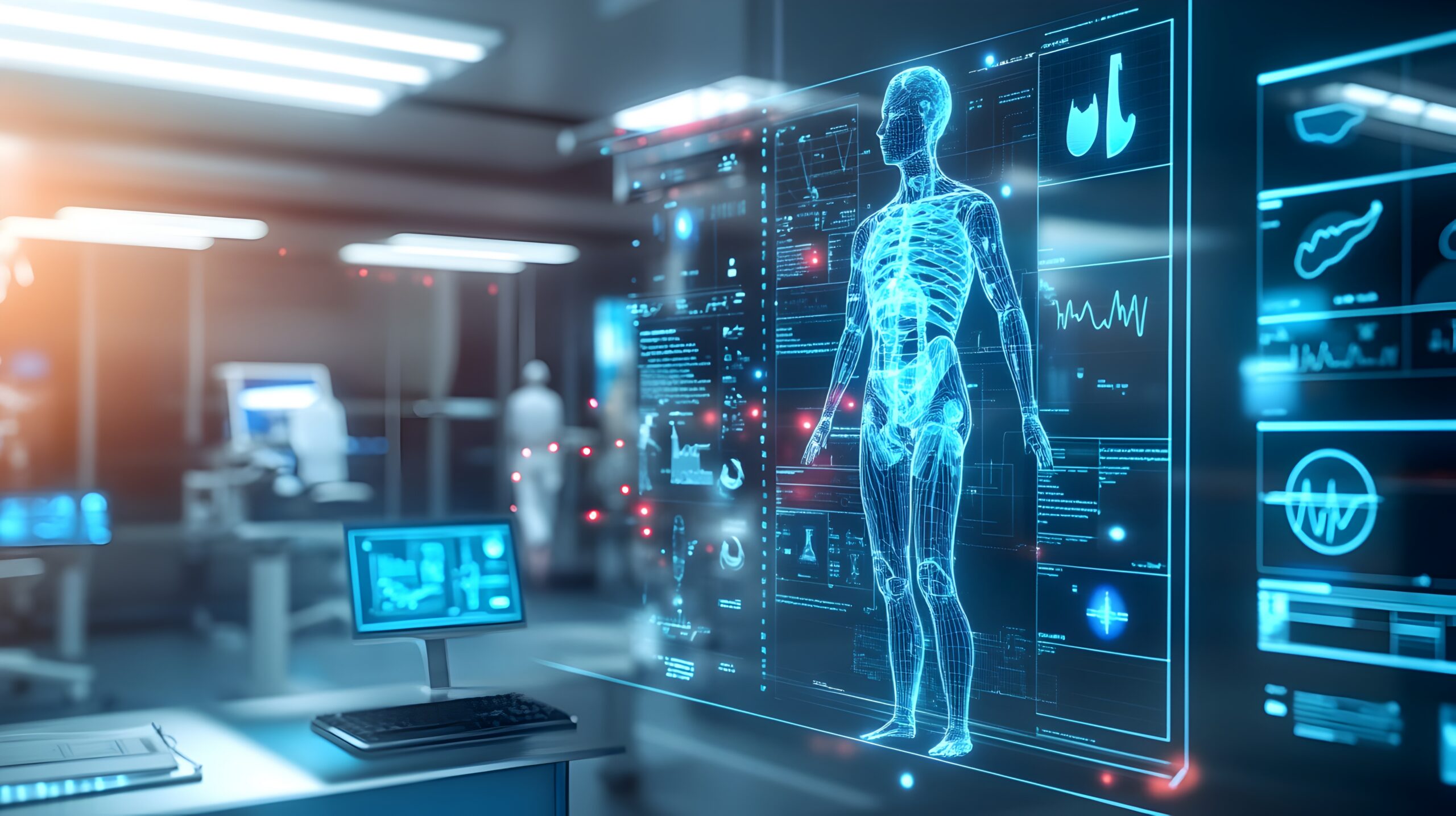 A cutting edge 3D rendered medical consultation room featuring advanced holographic displays of real time patient data and health monitoring systems