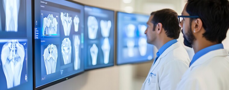 Clinic featuring interactive digital displays to educate patients about joint anatomy