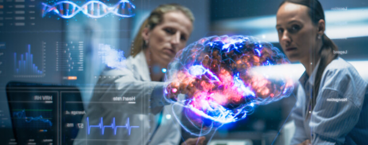 Medical Professional Talks with Patient Using Futuristic Holographic Brain Model. Mapped Neural, Genomic Data, Holographic Interfaces, Neuroplasticity and DNA Markers, Precision Neuromodulation