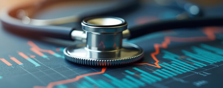 Stethoscope placed on financial chart represents healthcare market trends, analysis. Concept of industry growth, investment in medical sector, economy, health. Medical innovation technology