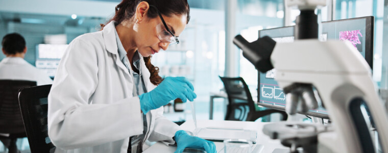 Scientist, woman and petri dish with research for biology, innovation or medical notes analysis. Biotech, laboratory and microscope with DNA study for pharmaceutical RNA or pathology experiment.