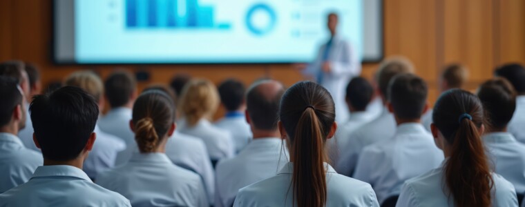 Large group of healthcare professionals attends medical conference. Doctors, nurses students listen to speaker presentation on big screen with data charts. Audience learns new info at educational