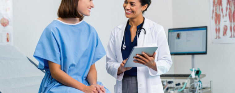 Female doctor consulting young caucasian female patient in medical office.