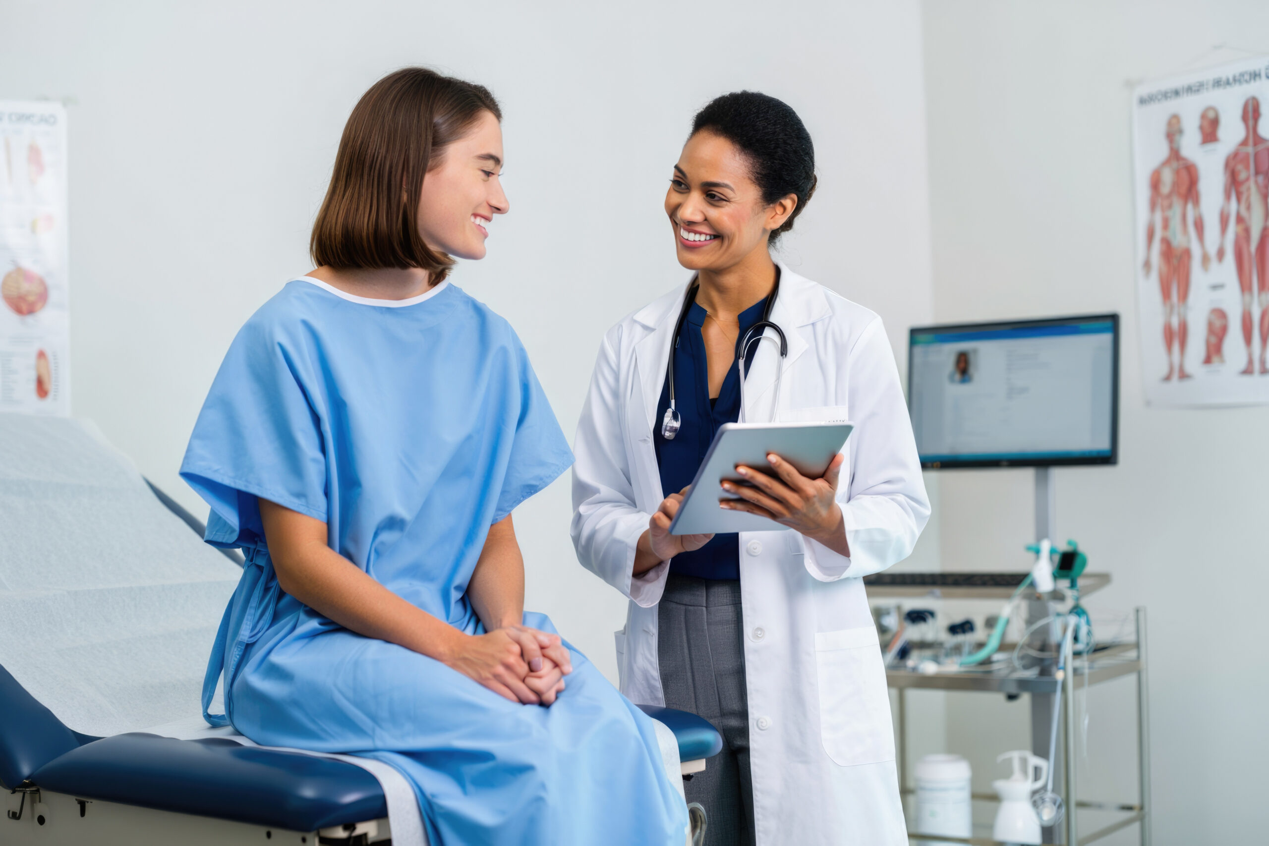 Female doctor consulting young caucasian female patient in medical office.