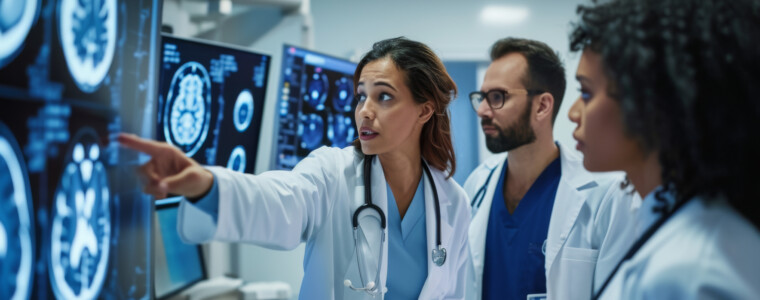 Group of medical professionals is intently examining a series of brain MRI scans displayed on a lightbox in a hospital or clinic setting.
