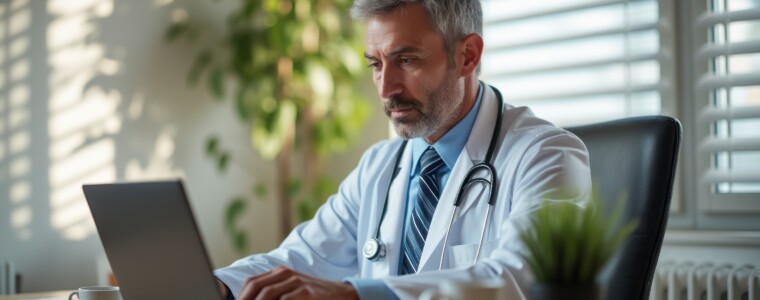 A distinguished male doctor with gray hair is intently typing on a laptop in a well-lit office, exuding professionalism and dedication. The scene is enhanced by a touch of greenery and soft sunlight filtering through the blinds, creating a calm and productive atmosphere.