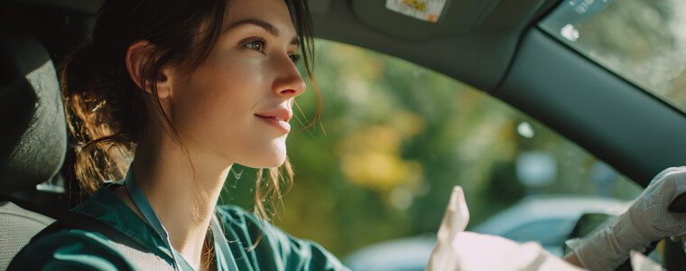 female healthcare worker in uniform driving a car with a white bag in hand representing medical duty home visit care and mobile patient support in a modern healthcare environment
