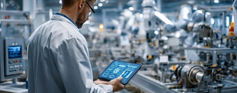 Engineer using digital tablet in smart factory controlling automation