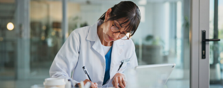 Woman, doctor and writing in office for healthcare, prescription or notes. Patient report, administration and tech with mature medical professional and tablet for documents, schedule or planning.
