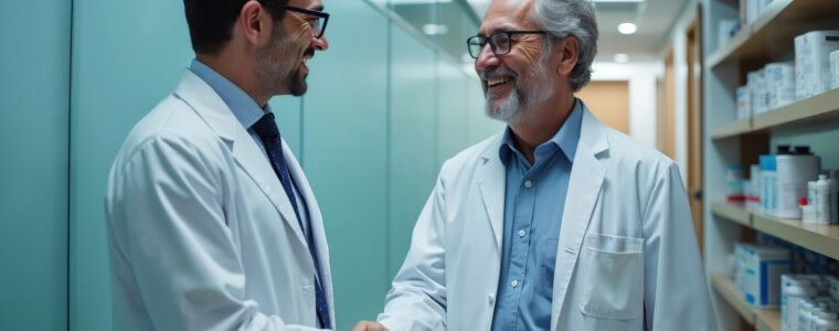 Two doctors shake hands in medical building hallway. One doctor older with grey hair, beard, younger. Shelves with medicines in background. Represents partnership, agreement health care success.
